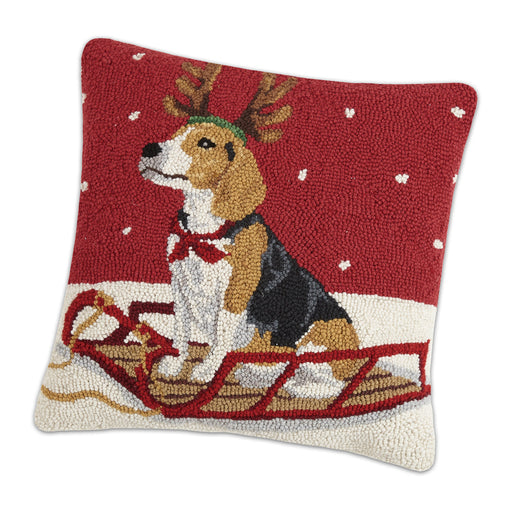 Blitzen the Beagle Takes a Sled Ride Hooked Dog Pillow