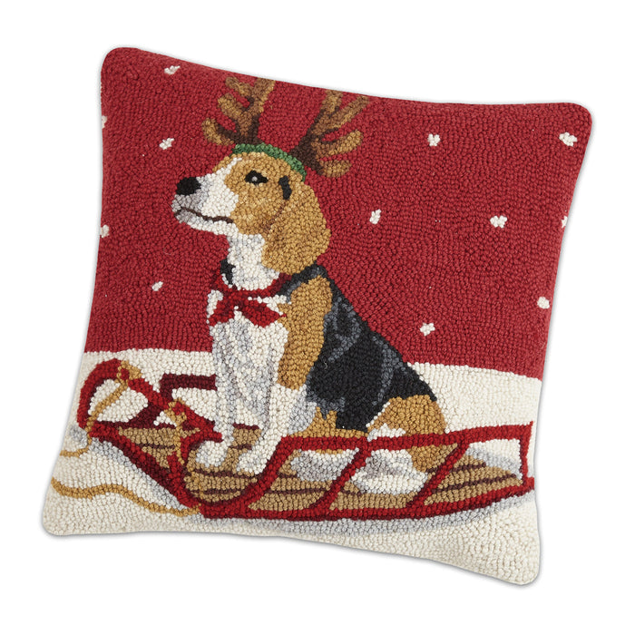 Blitzen the Beagle Takes a Sled Ride Hooked Dog Pillow