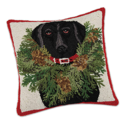 Black Lab Holiday Wreath Hooked Dog Pillow