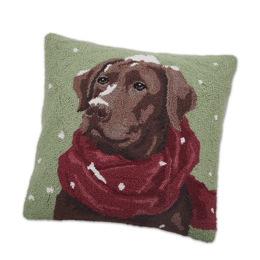 Winter Chocolate Lab Hooked Dog Pillow