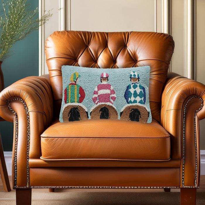 Trio of Jockeys Horseracing Hooked Pillow 12x20