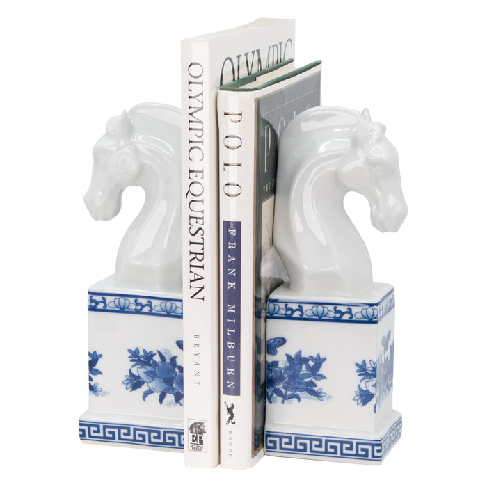 Royal Horse Bookends Blue & White Porcelain - Pair