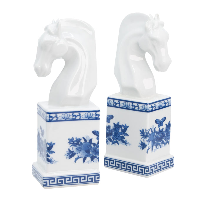 Royal Horse Bookends Blue & White Porcelain - Pair