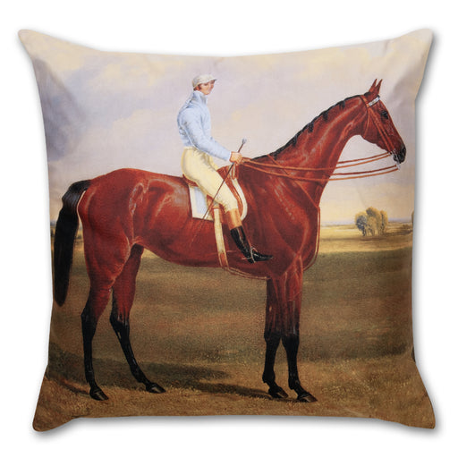 Equestrian Portrait Pillow – Bay Racehorse & Jockey – Chenille 22” x 22”