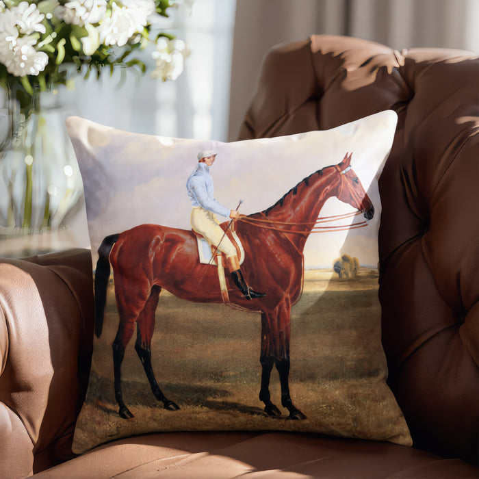 Equestrian Portrait Pillow – Bay Racehorse & Jockey – Chenille 22” x 22”