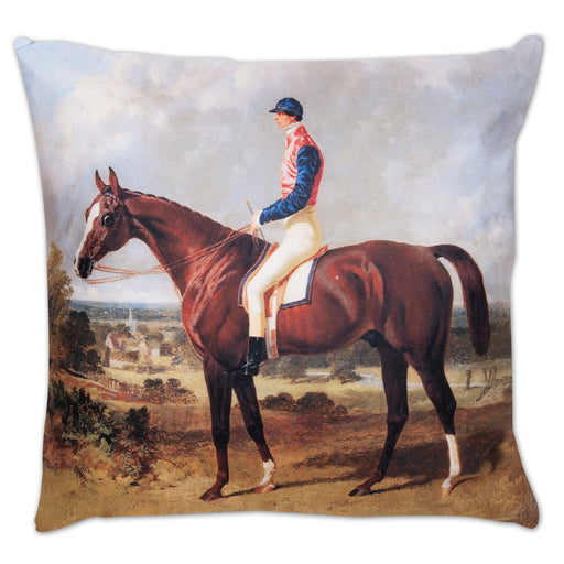 Equestrian Portrait Pillow – Chestnut Racehorse & Jockey – Chenille 22” x 22”