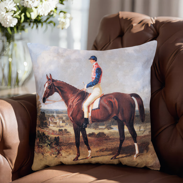 Equestrian Portrait Pillow – Chestnut Racehorse & Jockey – Chenille 22” x 22”