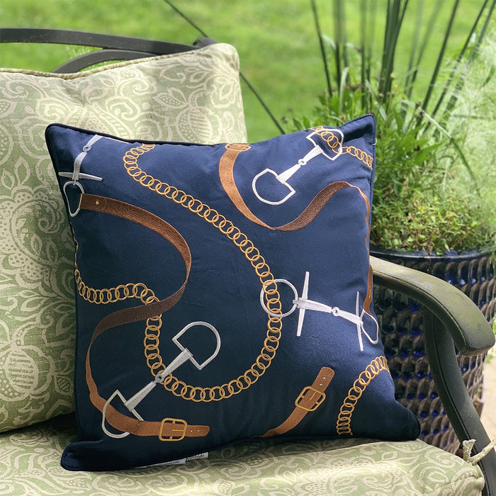 Equestrian Bridle Bits Pillow -Navy Embroidered Indoor Outdoor Accent Pillow