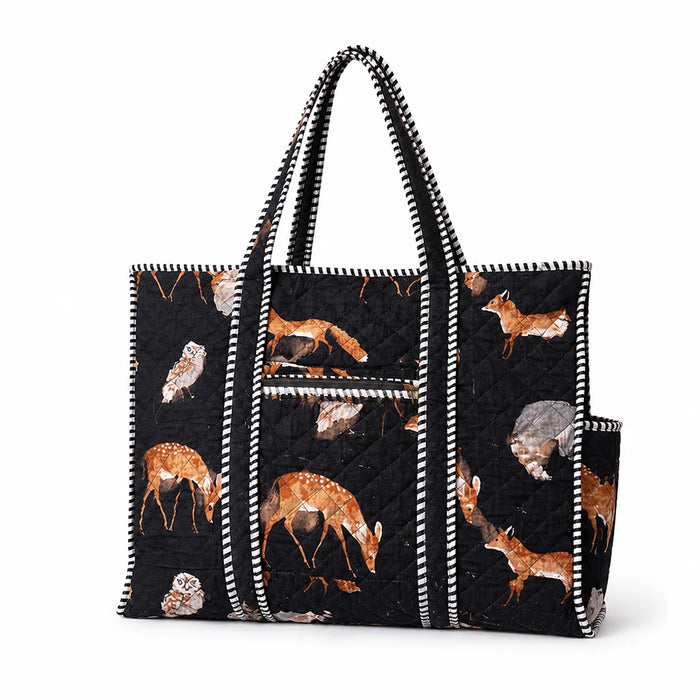 Woodland Fox & Friends Quilted Tote - Black