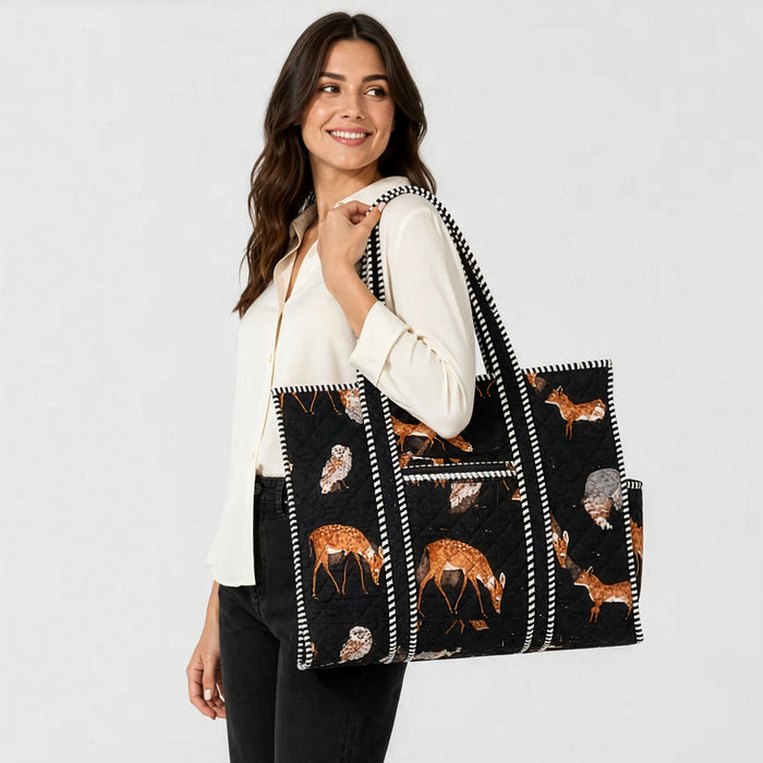 Woodland Fox & Friends Quilted Tote - Black