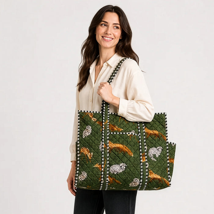 Woodland Fox & Friends Quilted Tote - Hunter Green