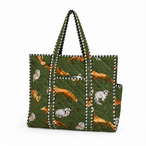 Woodland Fox & Friends Quilted Tote - Hunter Green
