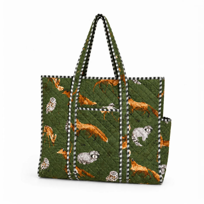 Woodland Fox & Friends Quilted Tote - Hunter Green
