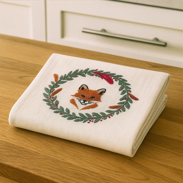 Woodland Fox Wreath Embroidered Guest Towel
