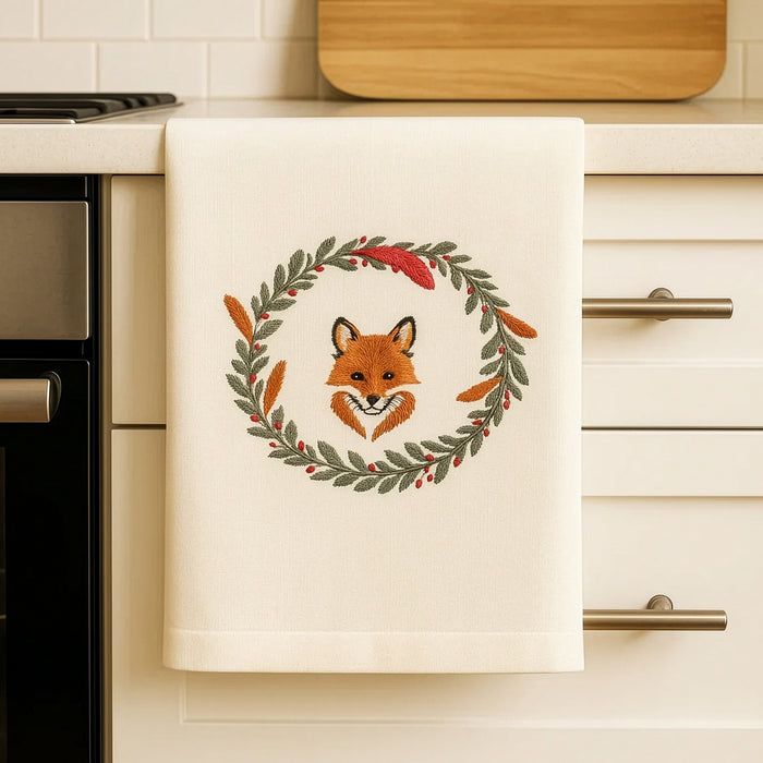 Woodland Fox Wreath Embroidered Guest Towel