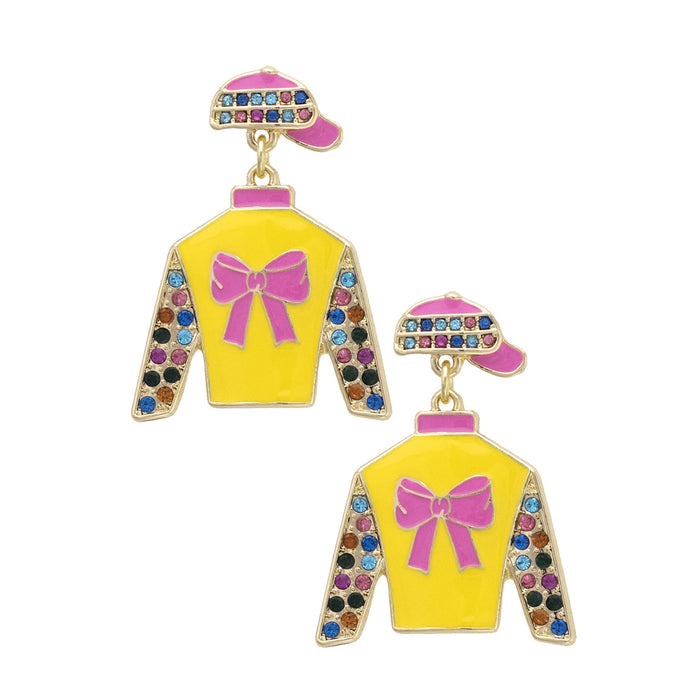 Jockey Silks Enamel & Rhinestones Drop Earrings - Yellow & Pink