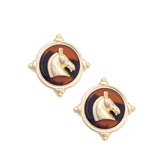 Equestrian Intaglio Stud Earrrings in Tortoise