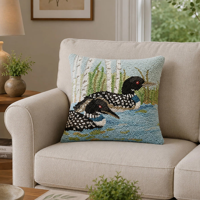 Loon Lake Hooked Pillow - 16" x 16"