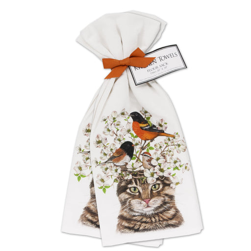 Garden Tabby Cat & Birds Cotton Kitchen Towels - Set of 2