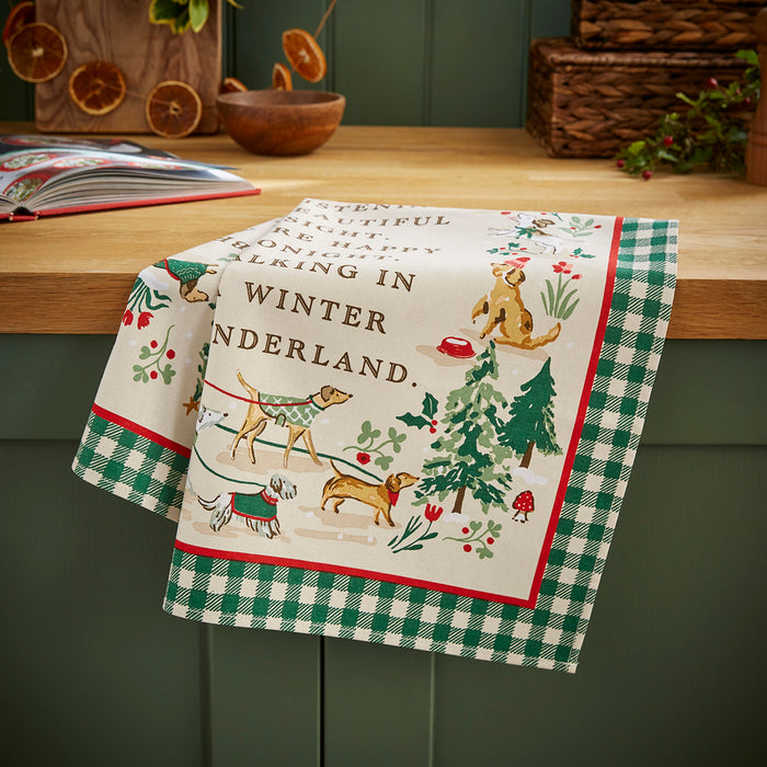 Christmas Dog Walkies Cotton Kitchen Towel