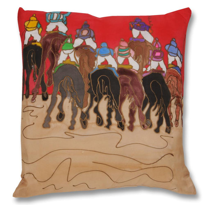 Down the Backside Horse Racing Pillow - Hand-painted Silk