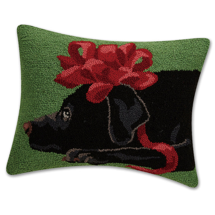 Black Lab Christmas Bow Hooked Dog Pillow