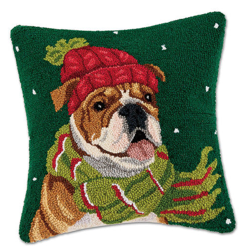 Bulldog Winter Fun Hooked Dog Pillow
