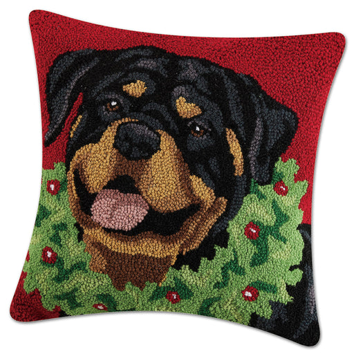 Holiday Rottweiler Hooked Pillow