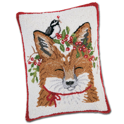 Chickadee Fox Holiday Hooked Pillow