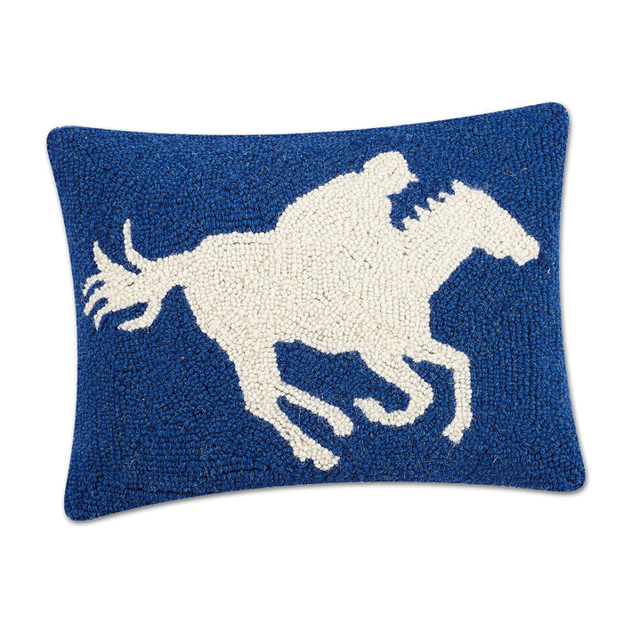 Big Blue Racehorse & Jockey Hooked Pillow
