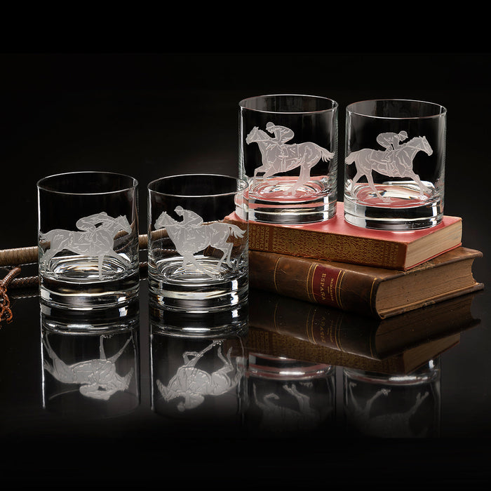 Racehorse Etched Crystal Rock Glasses (set of 4) by Julie Wear