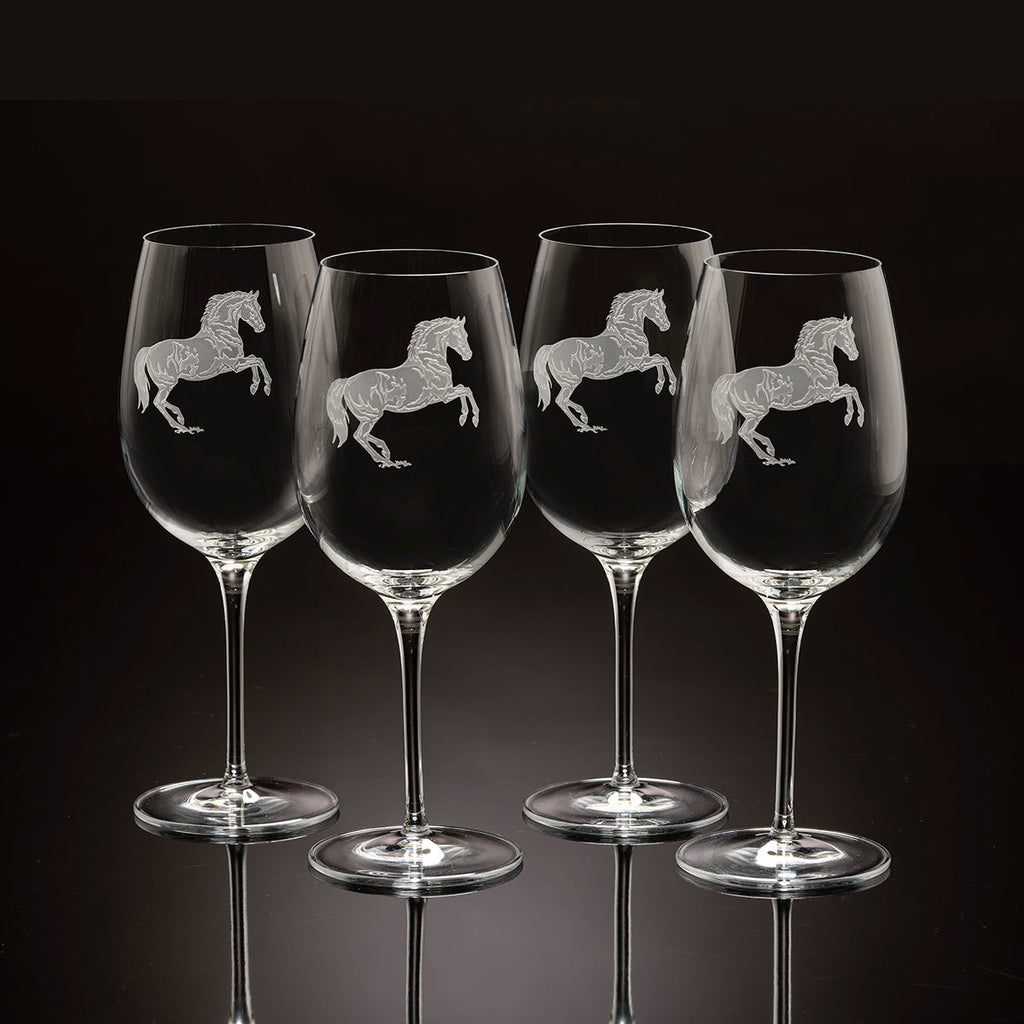 Set of 4, Etched Stemless Crystal Wine Glasses w/ Dala Horse