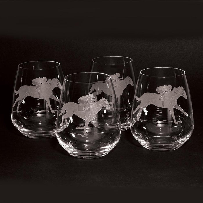 Racehorse Etched Crystal Stemless Wine Glasses - Set of 4