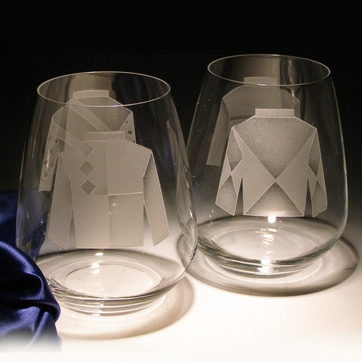 Jockey Silks Etched Crytstal Stemless Wine Glasses - Set of 4