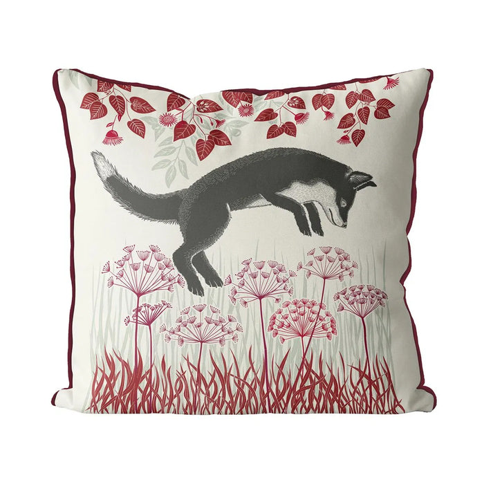 Country Lane Fox Pillow Leaping - Ruby Red 18"x18"