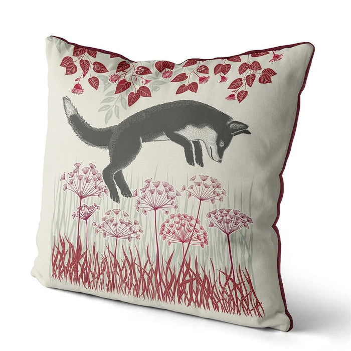 Country Lane Fox Pillow Leaping - Ruby Red 18"x18"