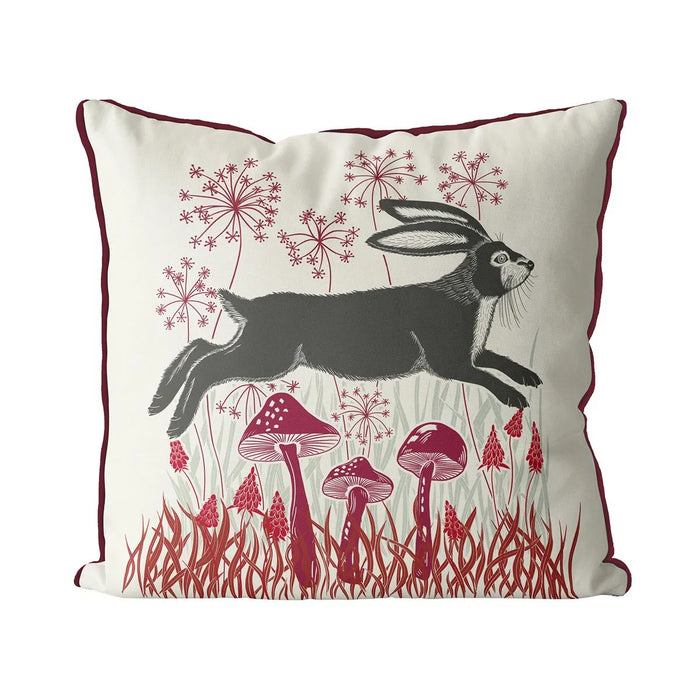 Country Lane Hare Pillow Leaping COVER - Ruby Red 18"x18"
