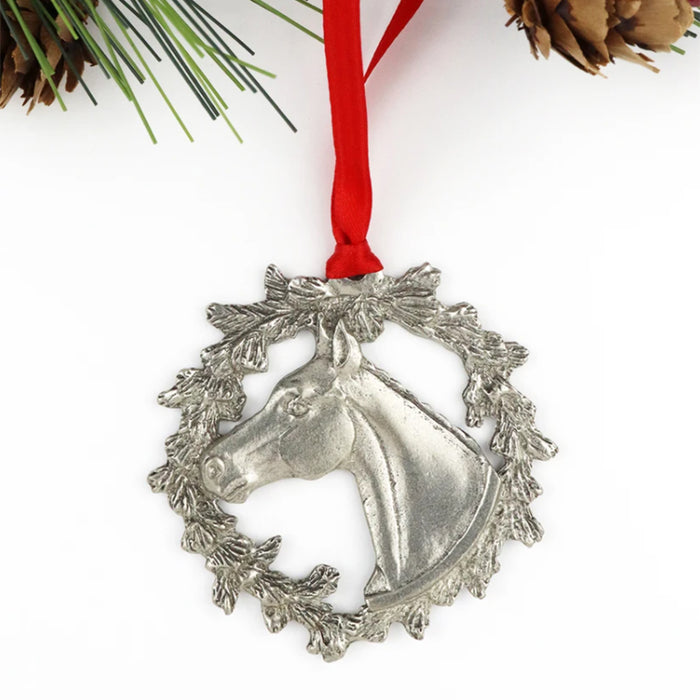 Holiday Horse in Wreath Pewter Ornament