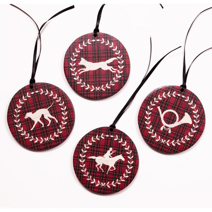 Foxhunting Ornaments Red Plaid - Set of 4