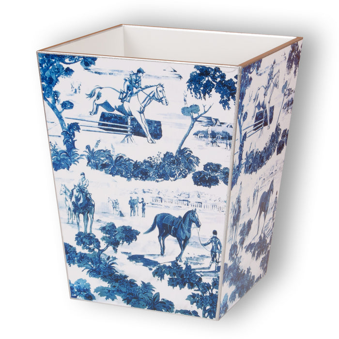 Equestrian Blue Toile Wood Waste Basket