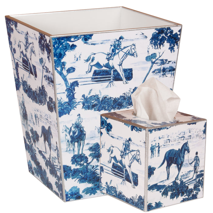 Equestrian Blue Toile Wood Waste Basket