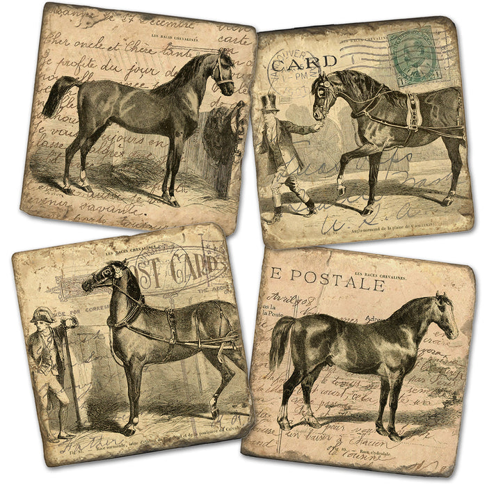 Vintage Postcards Equestrian Marble Coasters - Set of 4