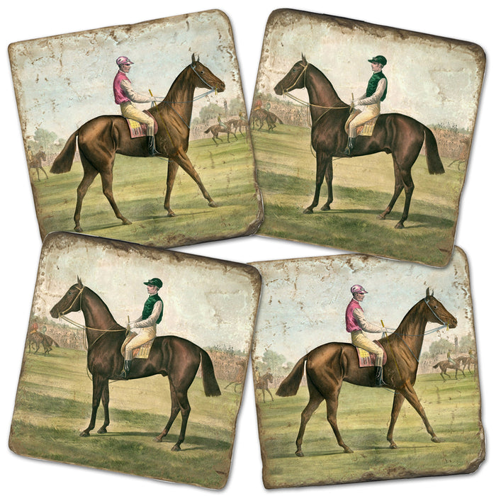 Vintage Horse & Jockey Marble Coasters - Set of 4 Cork Back