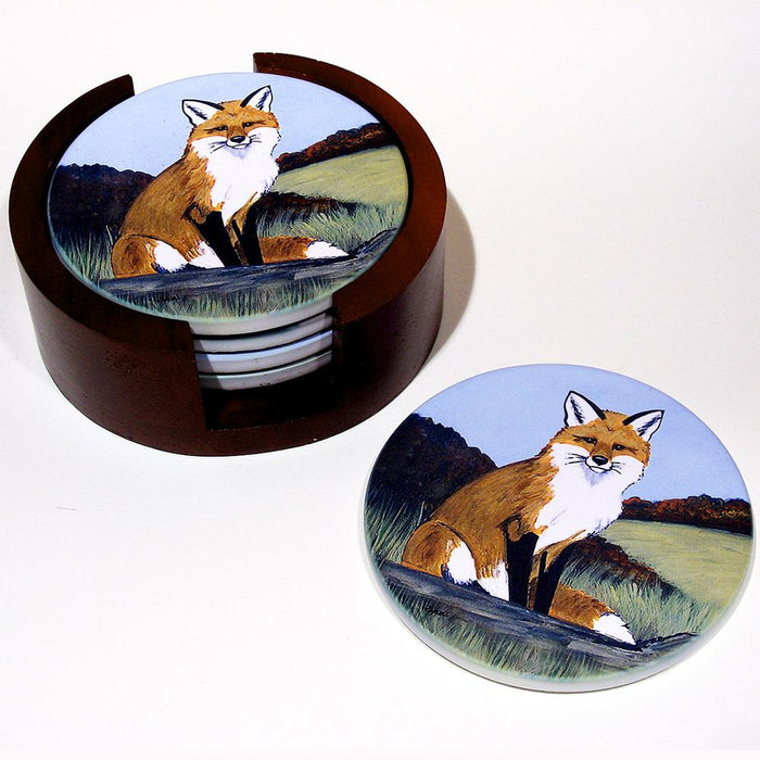 NEW! Handcrafted Fox + Hound Wooden Candle / Drink Coasters Set Of 4 W