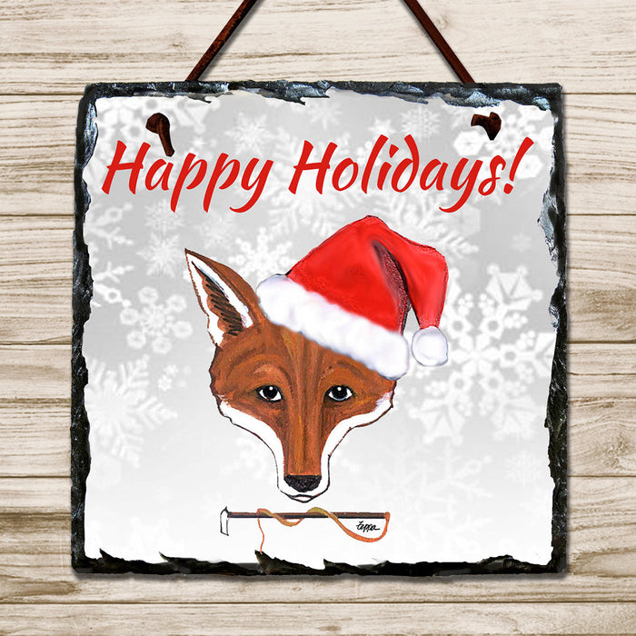 Santa Fox Happy Holidays Hanging Slate Sign