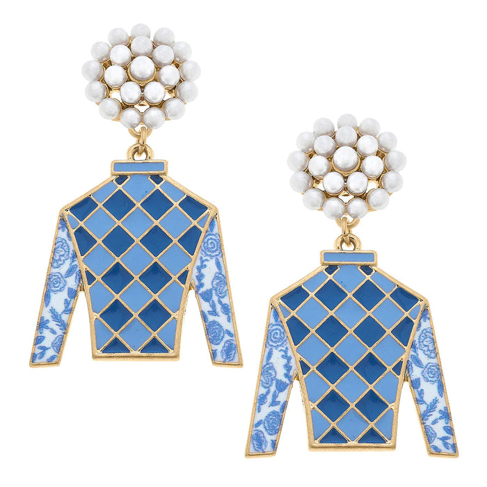 Blue Racing Silks with Pearl Cluster Earrings