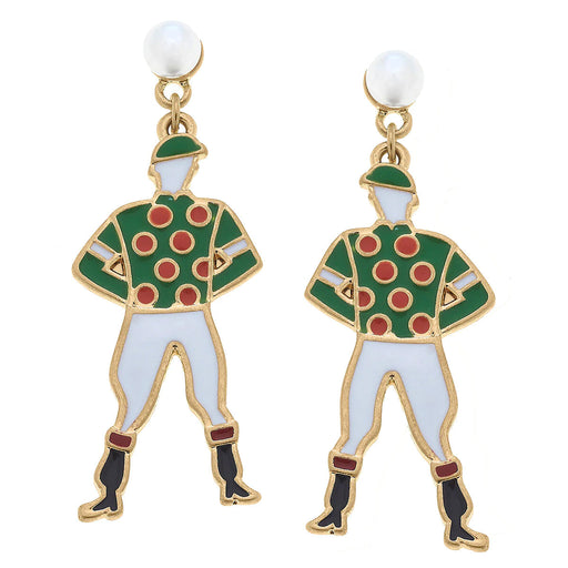 Standing Jockey Enamel Earrings - Green