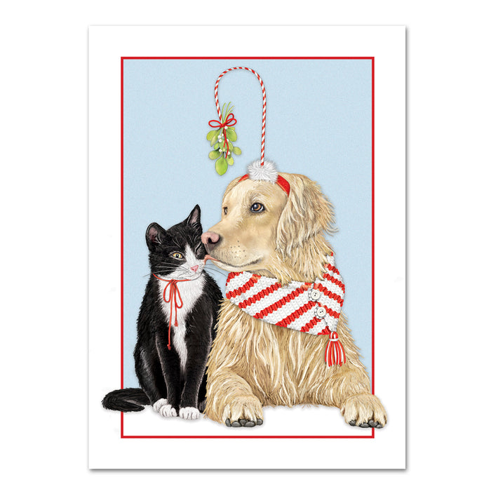 Mistletoe Golden Retriever & Cat Holiday Cards