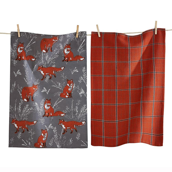 Red Fox and Sprigs Kitchen Towel Set of 2