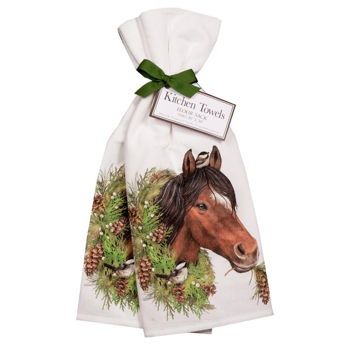 Holiday Horse & Chickadees Kitchen Towels - Set of 2